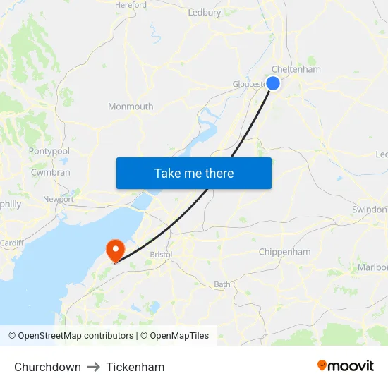 Churchdown to Tickenham map
