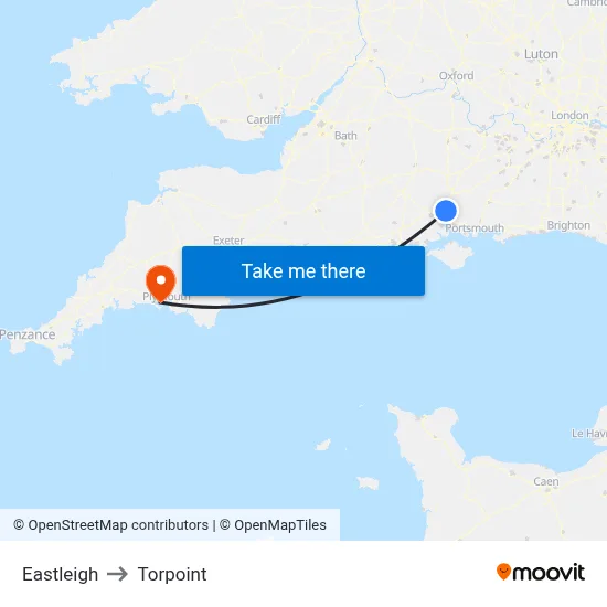 Eastleigh to Torpoint map