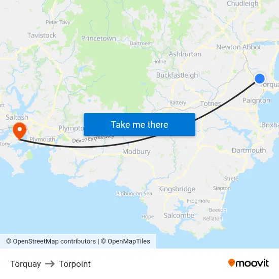 Torquay to Torpoint map
