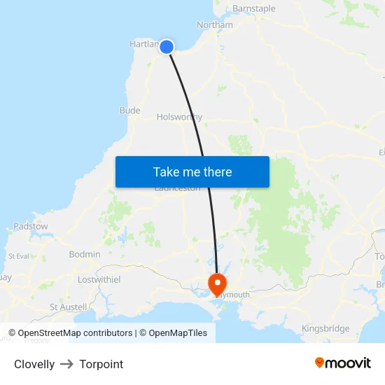 Clovelly to Torpoint map