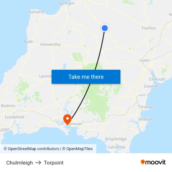 Chulmleigh to Torpoint map