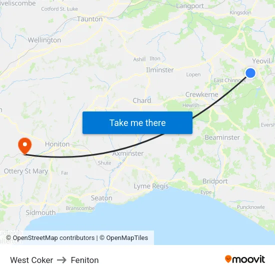West Coker to Feniton map
