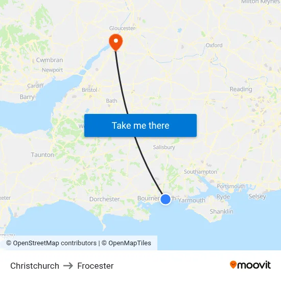 Christchurch to Frocester map