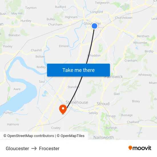 Gloucester to Frocester map