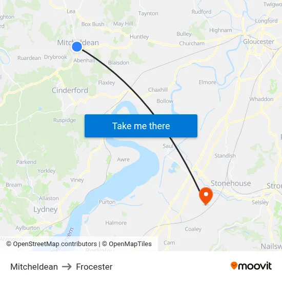 Mitcheldean to Frocester map