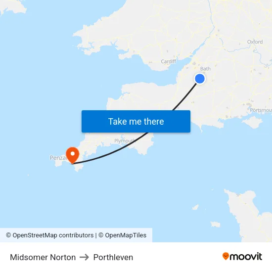 Midsomer Norton to Porthleven map