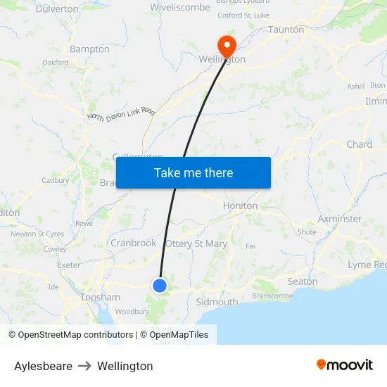 Aylesbeare to Wellington map