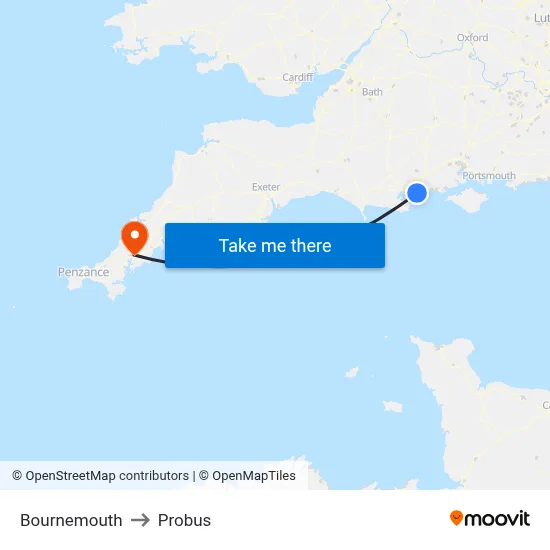 Bournemouth to Probus map