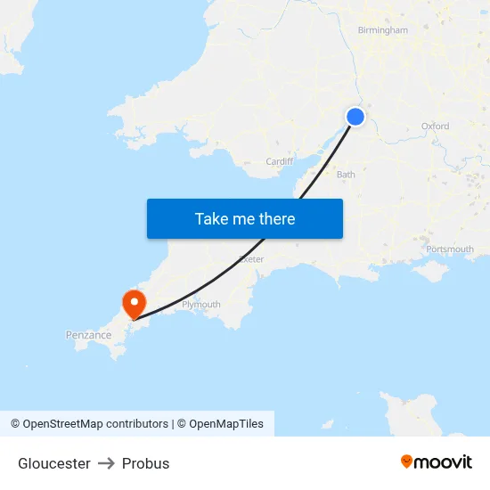 Gloucester to Probus map