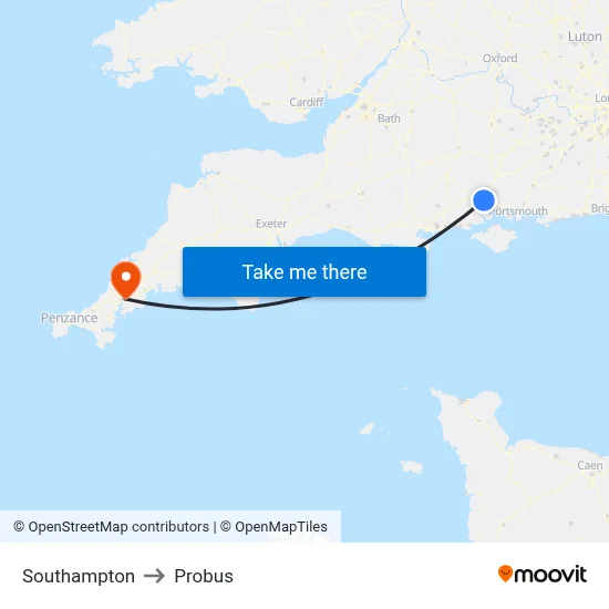 Southampton to Probus map
