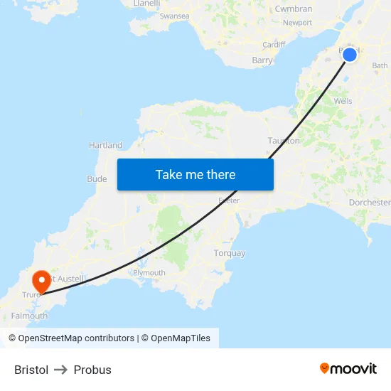 Bristol to Probus map