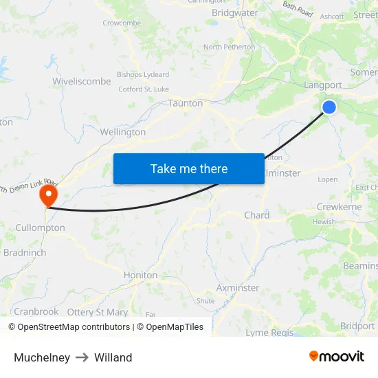 Muchelney to Willand map