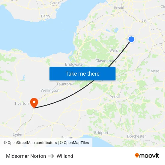 Midsomer Norton to Willand map