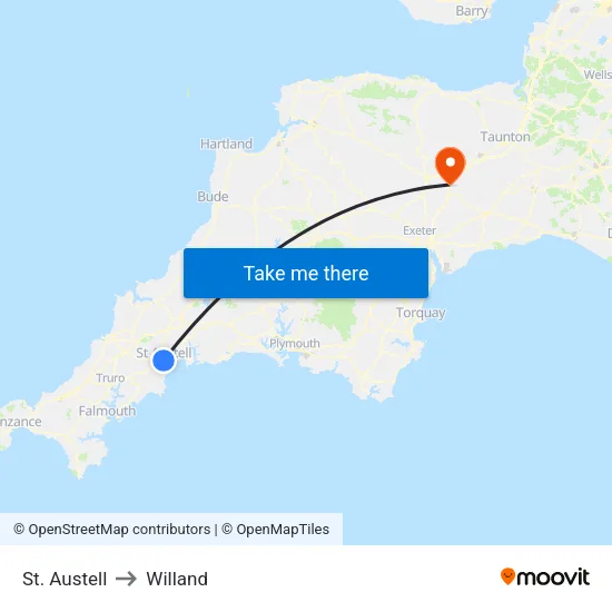 St. Austell to Willand map