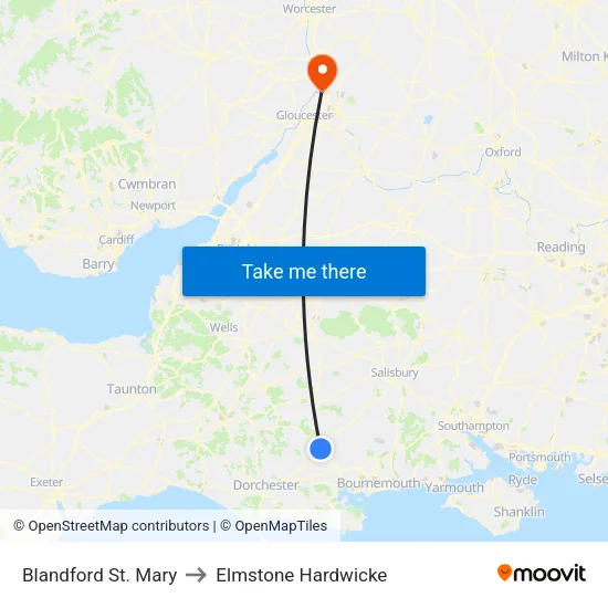 Blandford St. Mary to Elmstone Hardwicke map