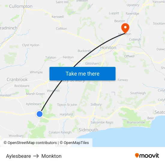 Aylesbeare to Monkton map