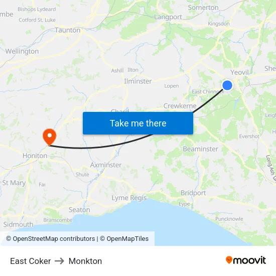 East Coker to Monkton map