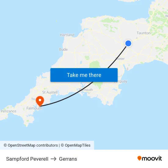Sampford Peverell to Gerrans map