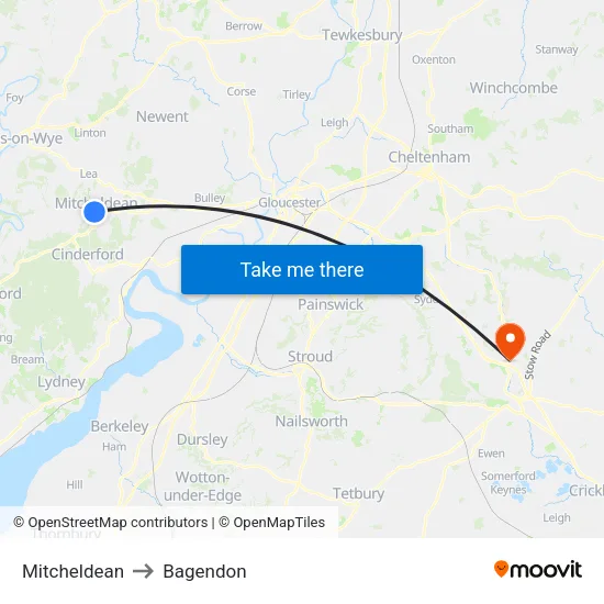 Mitcheldean to Bagendon map