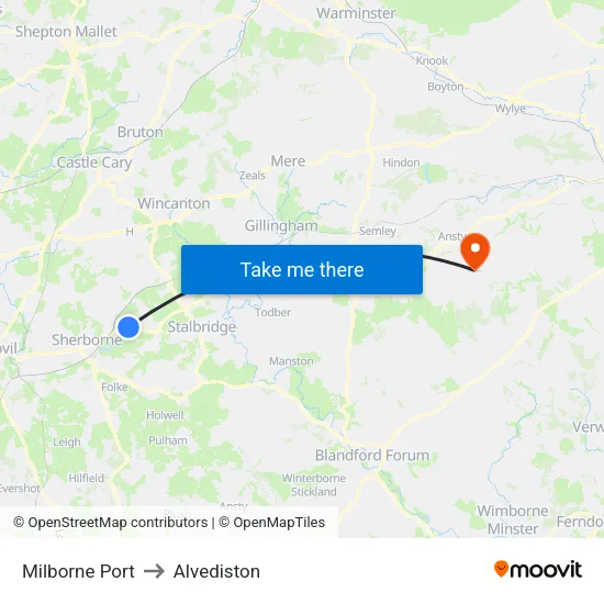 Milborne Port to Alvediston map