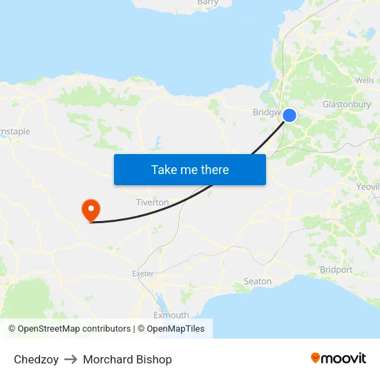 Chedzoy to Morchard Bishop map