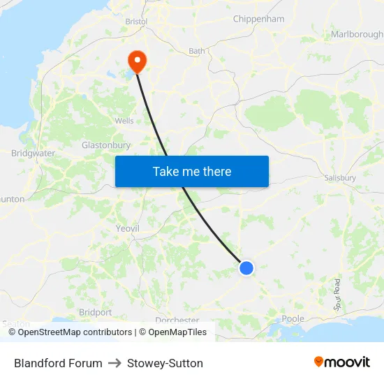 Blandford Forum to Stowey-Sutton map