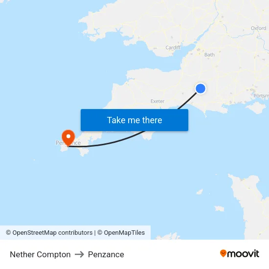 Nether Compton to Penzance map