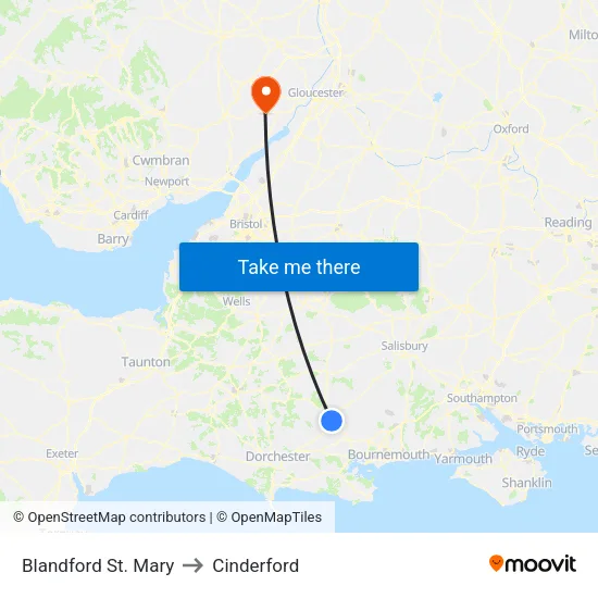 Blandford St. Mary to Cinderford map