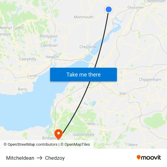 Mitcheldean to Chedzoy map