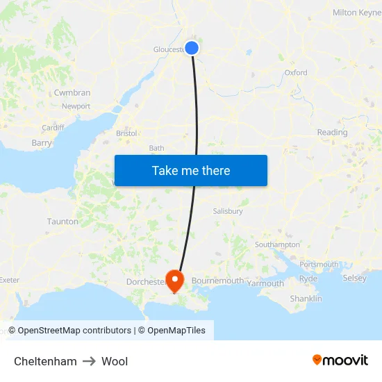 Cheltenham to Wool map