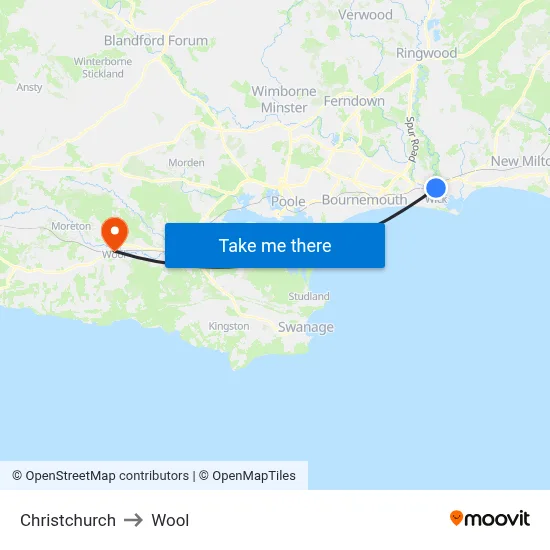 Christchurch to Wool map