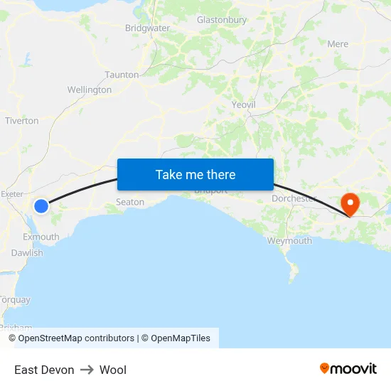 East Devon to Wool map