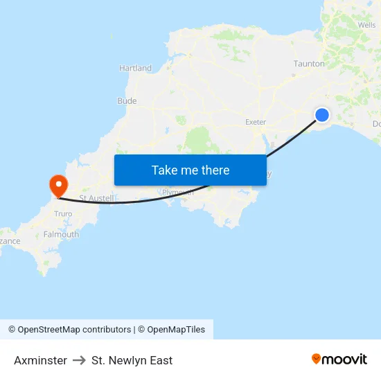 Axminster to St. Newlyn East map