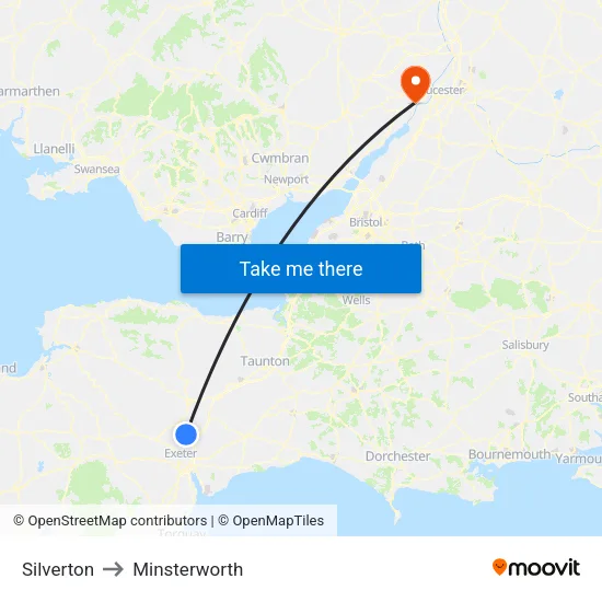 Silverton to Minsterworth map