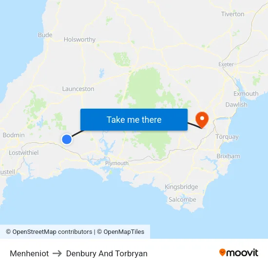 Menheniot to Denbury And Torbryan map