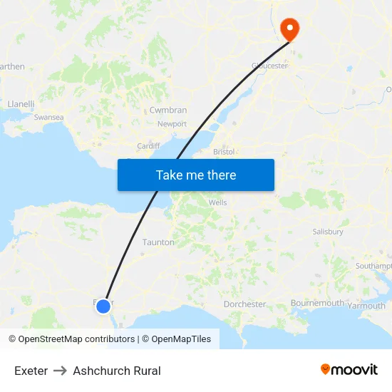 Exeter to Ashchurch Rural map