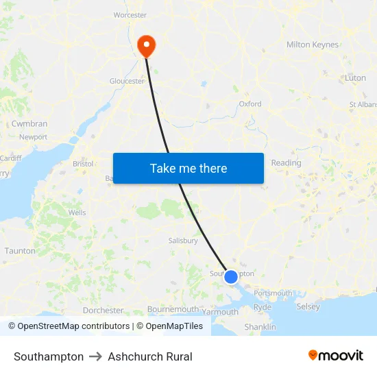 Southampton to Ashchurch Rural map