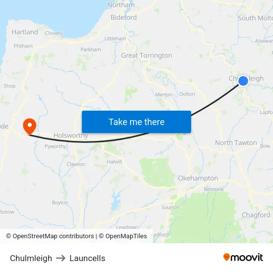 Chulmleigh to Launcells map