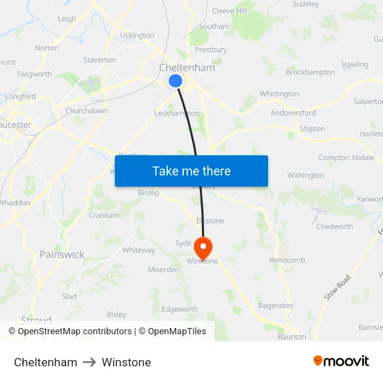 Cheltenham to Winstone map