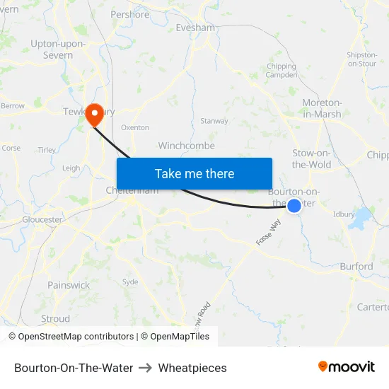 Bourton-On-The-Water to Wheatpieces map