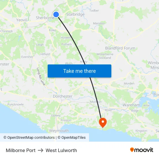 Milborne Port to West Lulworth map