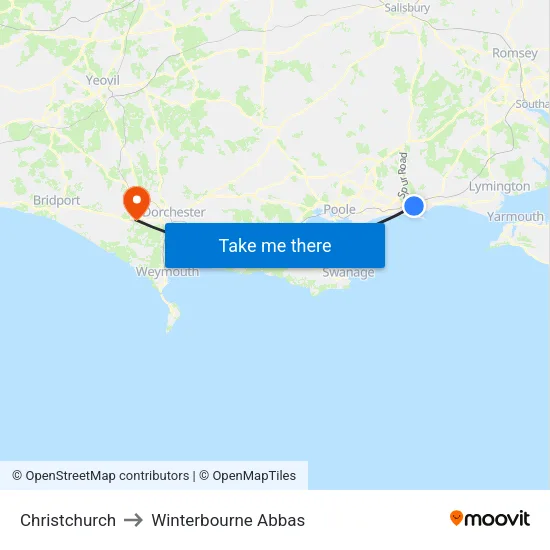 Christchurch to Winterbourne Abbas map