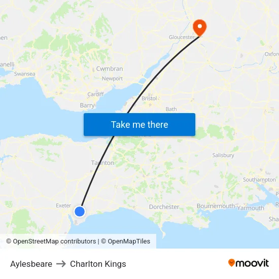 Aylesbeare to Charlton Kings map