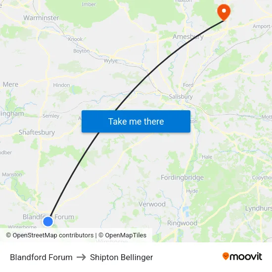 Blandford Forum to Shipton Bellinger map