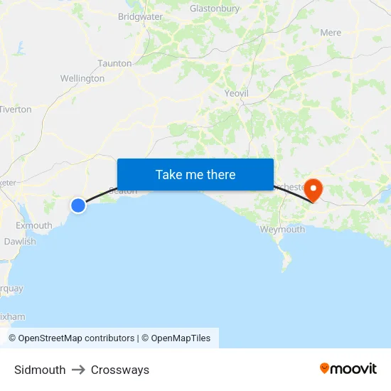 Sidmouth to Crossways map