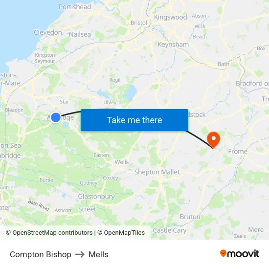 Compton Bishop to Mells map