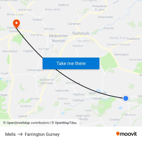 Mells to Farrington Gurney map