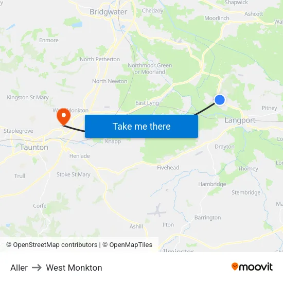 Aller to West Monkton map