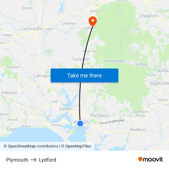 Plymouth to Lydford map