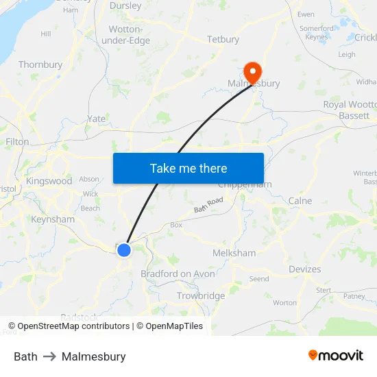 Bath to Malmesbury map
